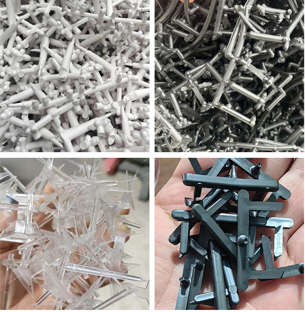 Sprue, runner, and small defective injection molded parts.