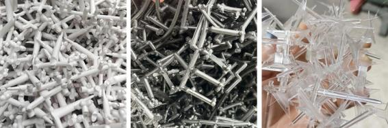 Sprue, runner, and small defective injection molded parts.