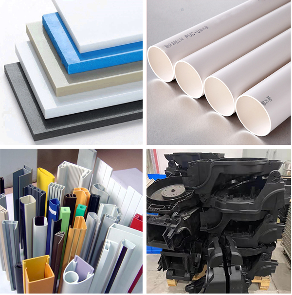 Plastic sheets, pipes, and profiles ready for crushing.